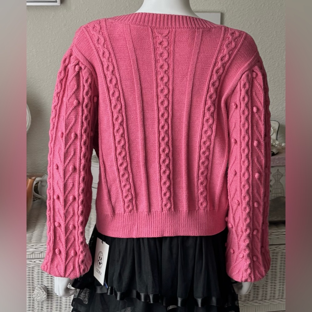 Cider Cardigan Popcorn Cable Knit Buttonless Pink Black Ties Size Juniors XL NWT - Picture 3 of 10